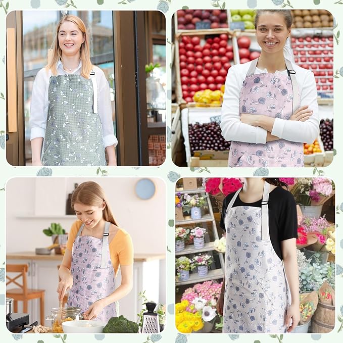 Apron for Women with Pockets, 3 PCs Waterproof Floral Apron with Adjustable Neck Strap for Cooking, Baking, Gardening, Art Craft