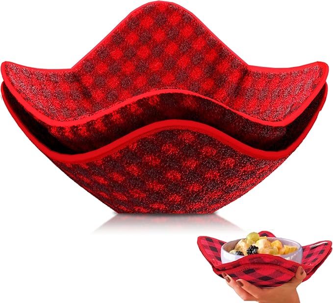 Set 2X Black 7" sq. x 4" H Red Microwave Bowl Cloth Hot Pads Pot - Microwave Safe Holder Multipurpose Heat Resistant Plate Holder Polyester Potholder - Protector for Heat Soup, Food, Meals
