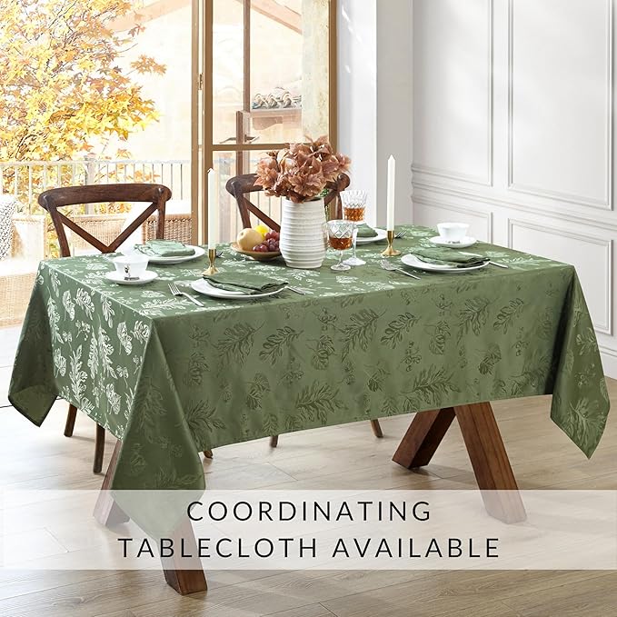 Elrene Home Fashions Elegant Woven Leaves Jacquard Damask Cloth Napkin Set for Fall/Harvest/Thanksgiving, 17" x 17", Pack of 8, Olive