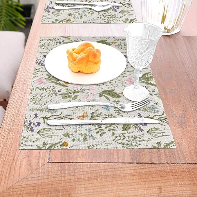 Vintage Wildflowers Placemats Set of 4, Herbs Plants Dining Table Mats, Washable Cute Botanic Spring Summer Sage Green Place Mats for Kitchen Dinner Parties Decor12 x18