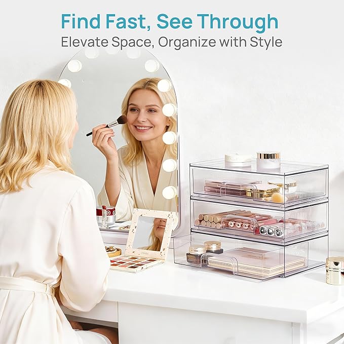 Vtopmart 12.1''W Clear Stackable Storage Drawers,2 Pack Acrylic Plastic Organizers Bins for Makeup Palettes, Cosmetics, and Beauty Supplies,Ideal for Vanity, Bathroom,Cabinet,Desk Organization