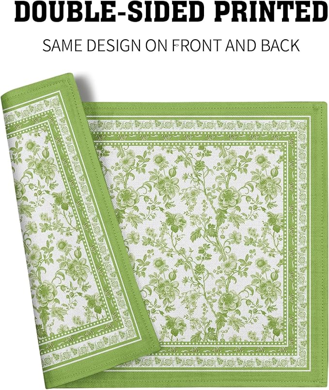 Green Floral Placemats Set of 4 Chinoiserie Boho Flowers Linen Fabric Rectangle Table Mat 12x18 Inch Washable Heat Resistant Outdoor Seasonal for Kitchen and Dining Table Decor