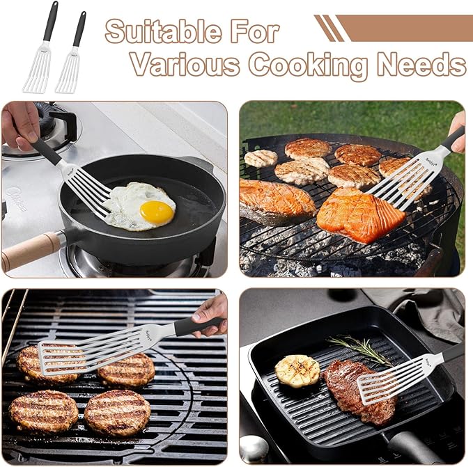 Beijiyi 2 Pack Fish Spatula, 13.5" & 11.7", Stainless Steel Slotted Turner, Full Tang Silicone Handle, Metal Spatulas for Kitchen Flipping Fish, Burger & Grilling, Dishwasher Safe