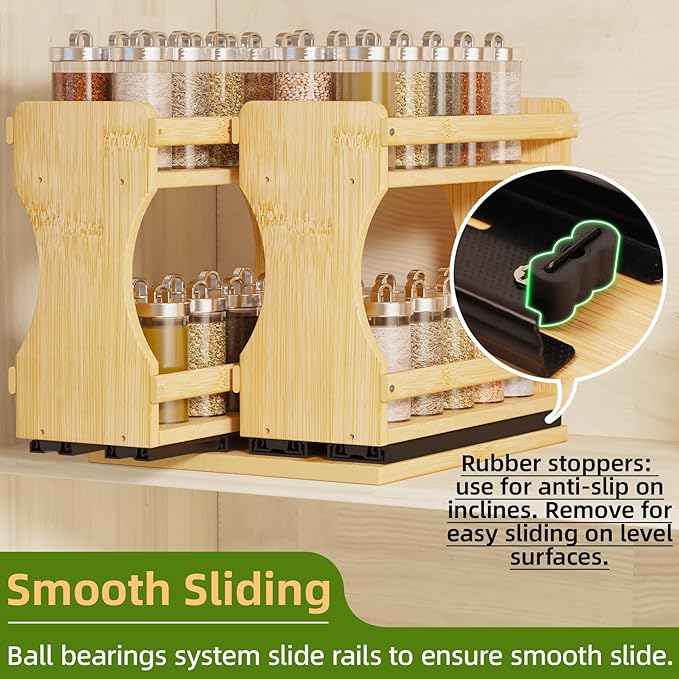 BAMEOS Pull Out Spice Rack Organizer for Cabinet, Bamboo Wide 9" Slide Out Seasoning Organizer for Kitchen, No Drill Anti-Tip Ball Bearing Silent Glides, Pantry Cabinet Organizer, Natural