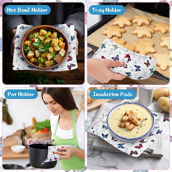 Cunhill 4 Pcs Cotton Microwave Bowl Cozy Holders for Hot Food Hot Pads Soup Bowl Potholders Heat Resistant Multipurpose Quilted Safe Holders for Kitchen Plate Supply(Colorful,Butterfly Style)