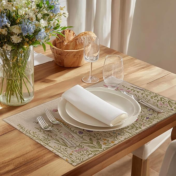 HOMETITUTE Wildflower Placemats Set of 4 Linen 12x18 Inch Washable Table Mats with Botanical Floral Design Decorative Table Placemats Set of 4 for Farmhouse Kitchen Dining Spring Summer Decor