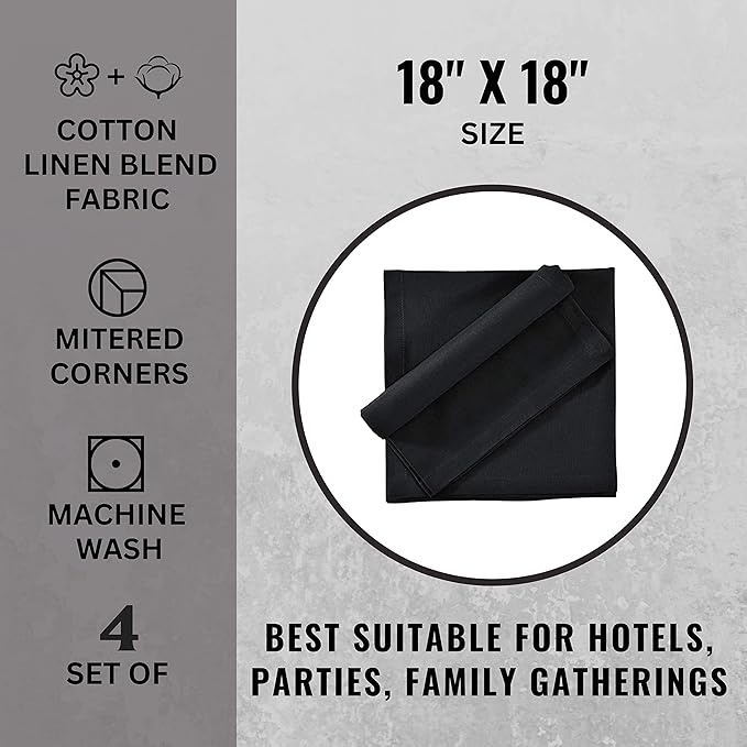 Cloth Napkins Dinner Washable Set of 4 in Cotton Linen Fabric Premium Quality, Mitered Corners for Reusable Every Day Use Pre Shrunk and Good Absorbency Christmas Cloth Napkins (Pack of 4, Black)