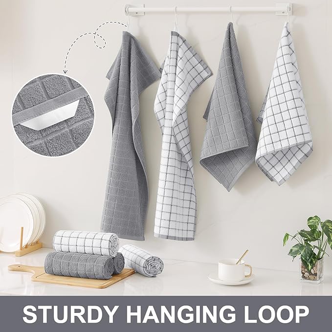 Homaxy Premium Cotton Kitchen Towels 16"x 28", Large Natural Ring Spun 390 GSM Dish Towels, Super Absorbent Terry Kitchen Hand Towels, Soft Tea Towels with Hanging Loop, Light Grey Check, 8 Pack