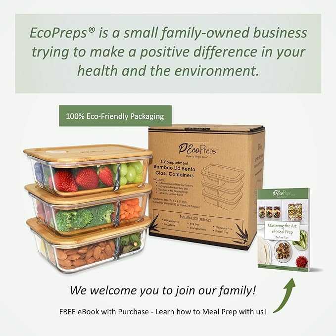 EcoPreps Glass Bento Box Containers with Bamboo Lids, 3 Compartment Glass Meal Prep Containers (3 Pack) - 100% Plastic Free, Eco-Friendly Lunch Container Set, Bamboo Lid Bento Boxes for Adults