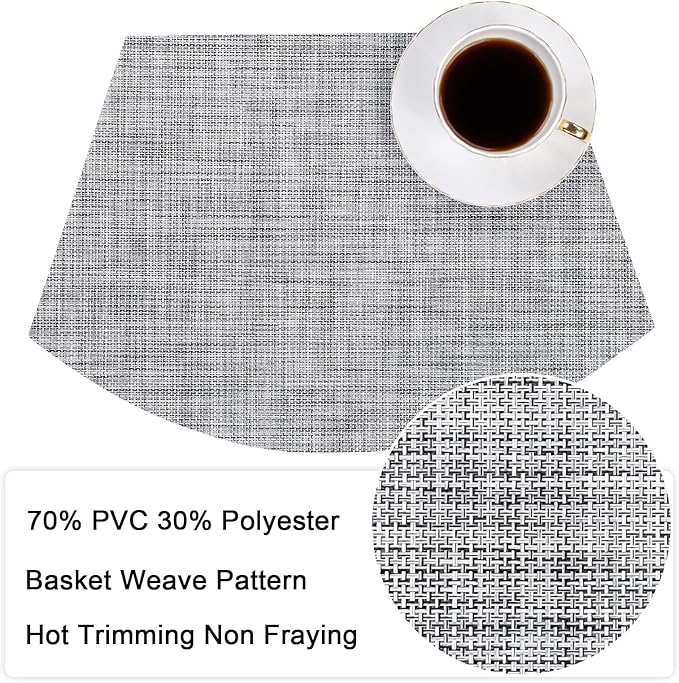 SHACOS Wedge Placemats Set of 4 Round Table Placemats Woven Vinyl Place Mats Non Slip Round Table Mats Wipe Clean, Gray White