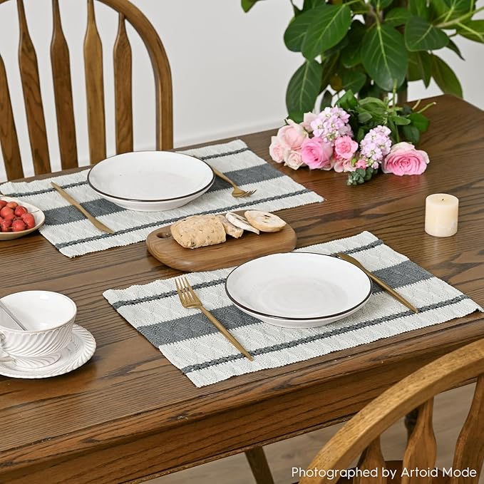Artoid Mode Dark Grey Farmhouse Woven Rustic Placemats Set of 4,12x18 Inch Seasonal Holiday Hollow Table Mats Party Kitchen Dining Decoration