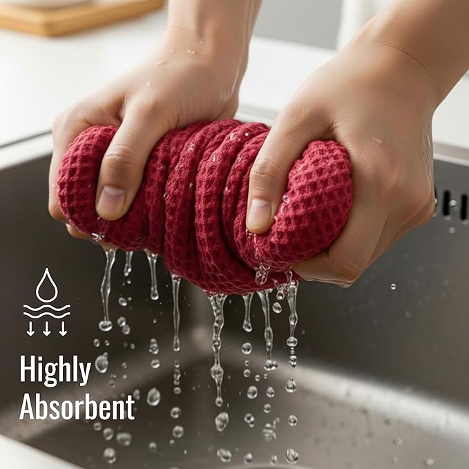 WHITEWRAP Premium Cotton Classic Waffle Weave Kitchen Dish Cloths, 12x12 Inch Ultra Absorbent Lint-Free Dish Towels, Fast Drying Dishcloths for Washing Dishes, 6 Pack, Red