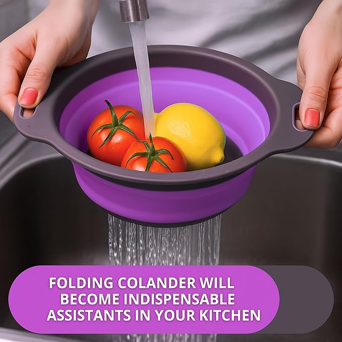 Purple Foldable Food Strainer for Kitchen - Small Collapsible Colander for Spaghetti and Pasta Multifunctional Silicone Strainer for Camping