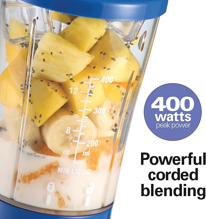 Hamilton Beach Portable Blender for Shakes and Smoothies, 14 Oz BPA Free Travel Cup & Lid, Durable Stainless Steel Blades, Personal Smoothie Blender, Blue, 51132G