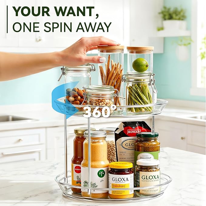 2 Tier Lazy Susan Turntable Organizer 9.25'' Rotating Spice Rack Organization, 1 Pack