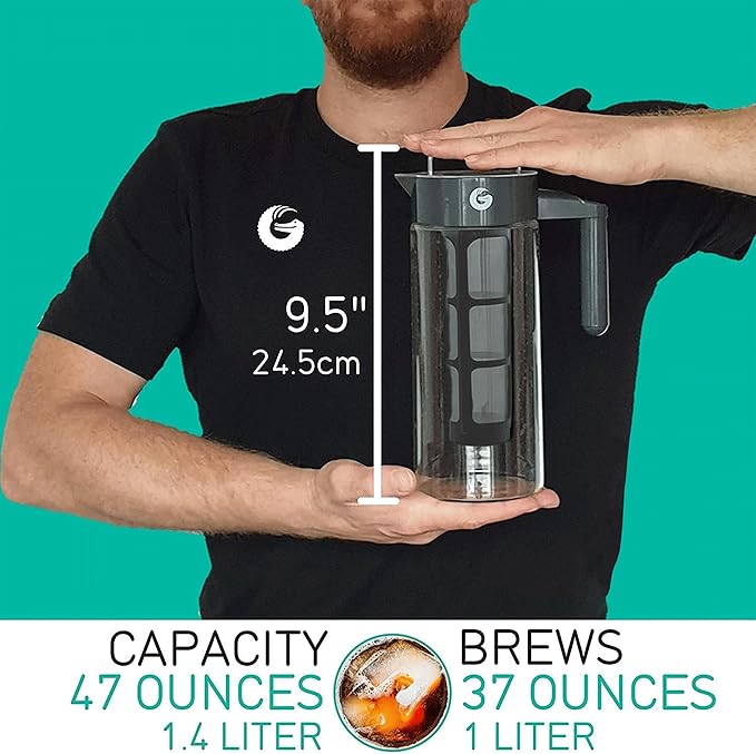 Coffee Gator Cold Brew Coffee Maker - 47 oz Iced Tea and Iced Coffee Maker and Pitcher with Borosilicate Glass Carafe, Filter - Black