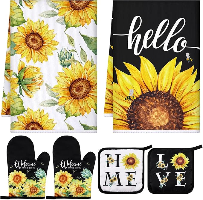 Leinuosen 6 Classic Sunflower Kitchen Towels Kitchen Decor and Accessories Set Floral Plant Oven Mitts and Pot Holders Sets Farmhouse Absorbent Dish Towels for Cooking Baking Grilling