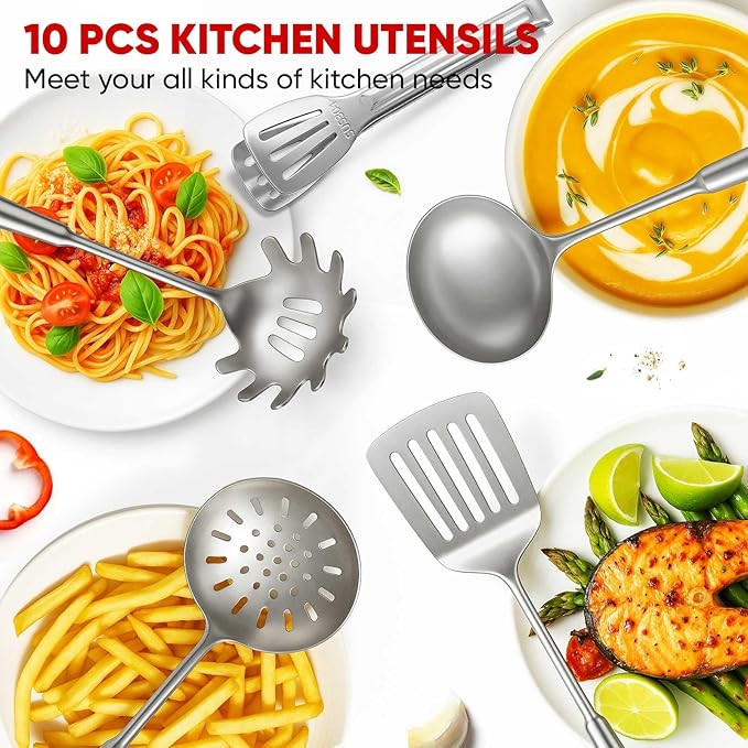 Newness 16 Pcs Cooking Utensils Set, 304 Stainless Steel Kitchen Utensils Set, Metal Kitchen Accessories, Include Soup Ladle, Slotted Skimmer Spoon, Spaghetti Spoon and Spatula, Dishwasher Safe