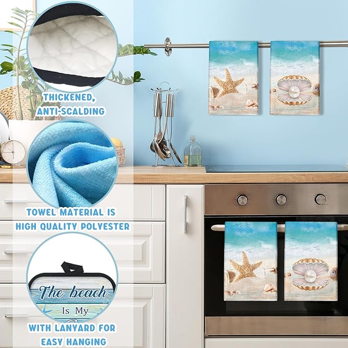 6 Pcs Summer Beach Kitchen Towels Pot Holders and Oven Mitts Set Include Coastal Dish Towel Beachy Rustic Oven Gloves Heat Resistant Potholders for Christmas Kitchen Gift