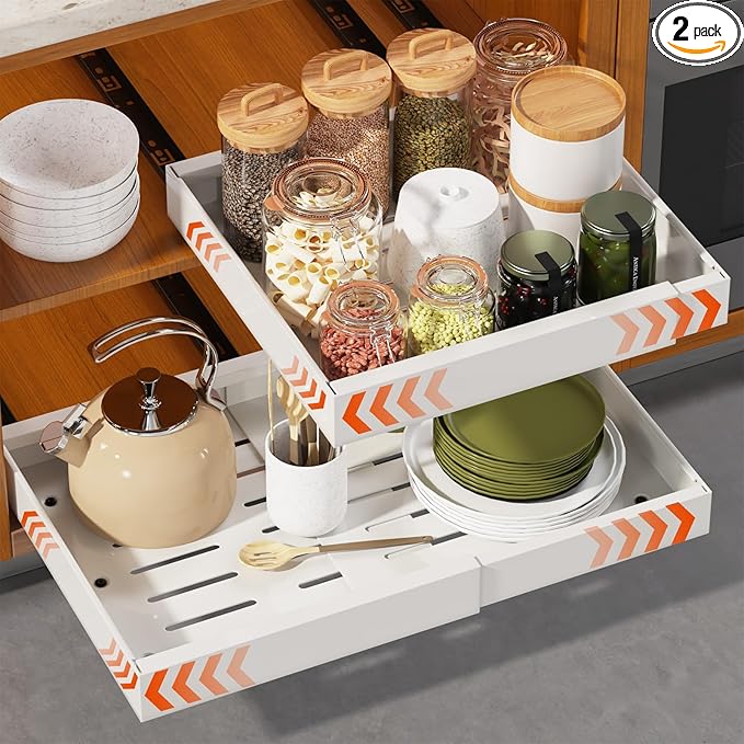 2 Pack Expandable Pull Out Cabinet Organizer 16.5" Deep, Adjustable Width 12.6"-20.5", No Drill Adhesive with Triple Track Rails, Heavy Duty Slide Out Drawers for Kitchen,Pantry,Cabinets,White