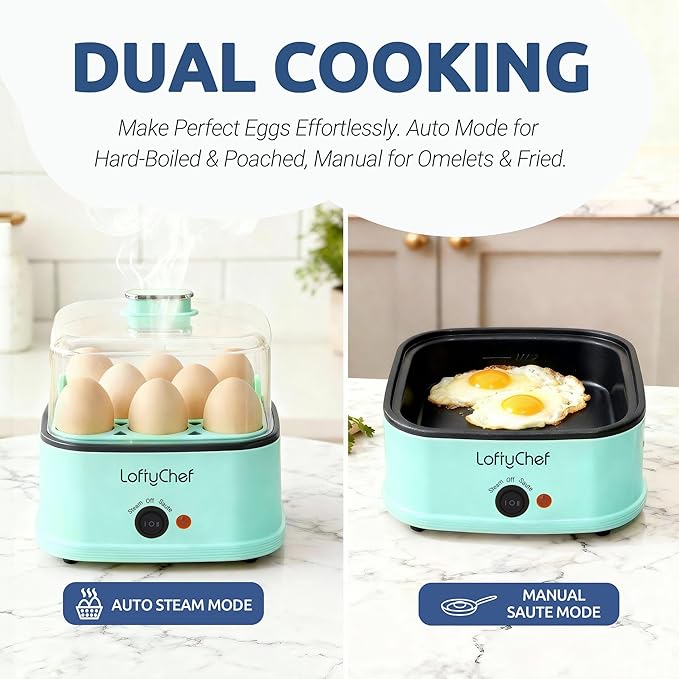 8-in-1 Electric Egg Cooker for Soft, Medium, Hard boiled eggs, Auto Shut-Off Compact Egg Bite Maker, Dishwasher Safe Rapid Egg Steamer for Poached & Scrambled Eggs, Omelets, Blue