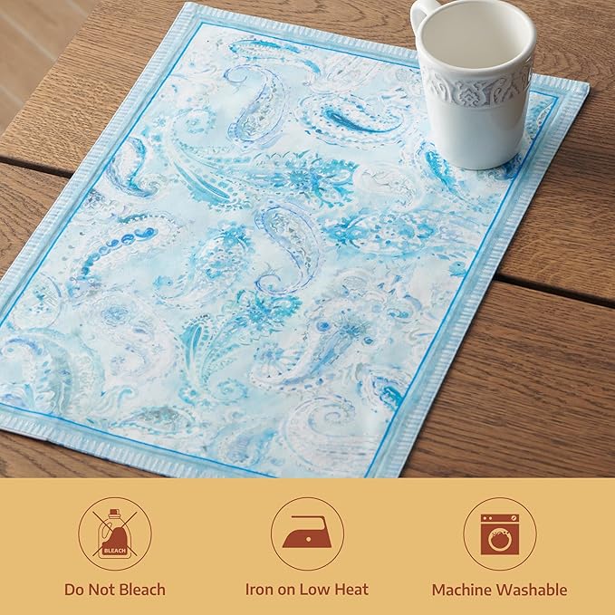 Maison d' Hermine Placemat 100% Combed Cotton Premium Set of 4 Decorative Washable Place Mats Table Cloth Placemat, Dining, Kitchen, Parties & Camping - Paisley Blues (13"x19")