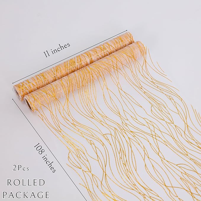 Snowkingdom 2pcs Gold Wave Table Runner, 11×108 Inch Golden Metallic Sparkle Lines Mesh Table Runners, Lightweight Gold Party Decorations for Mothers Day, Wedding, Birthday, Christmas, Party Dinner