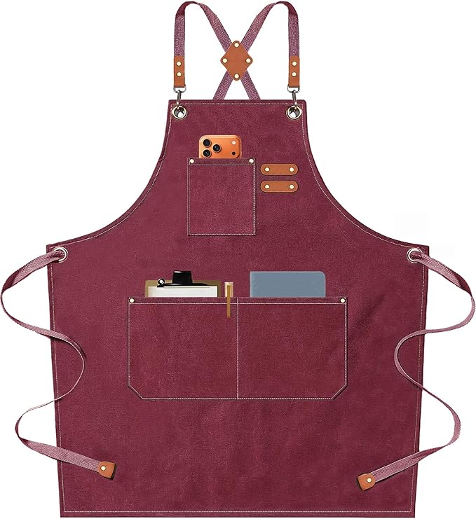AFUN Chef Aprons for Men Women with Oversized Pockets, 16-Ounce Cotton Canvas Cross Back Heavy Duty Work Apron (Dark Red)