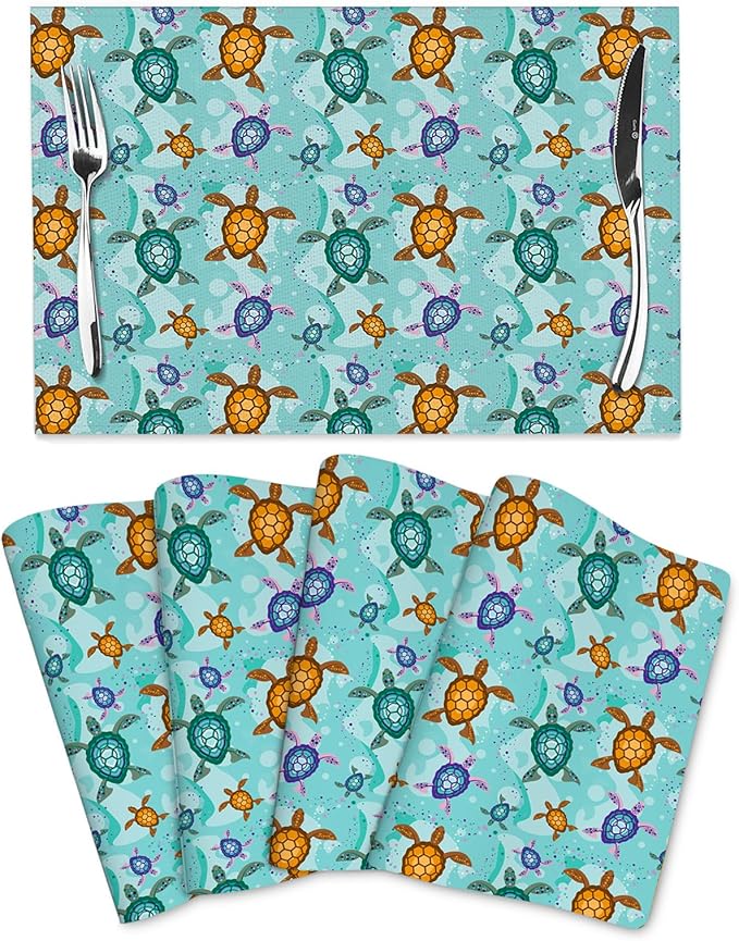 Cute Sea Turtle Placemats Set of 4, Washable Non-Slip Heat-Resistant Ocean Themed Decorative Kitchen Table Mats for Dining Outdoor Party Home Decor 12"x18" Teal Nautical Linen Place Mats