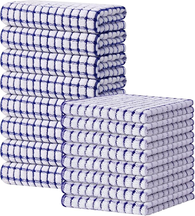 Kitinjoy Cotton 16 Pack Kitchen Towels and Dishcloths Sets, 16 x 25 Inch & 12 X 12 Inch Dish Towels Bulk, Super Soft and Absorbent Hand Towels for Kitchen Drying, Blue