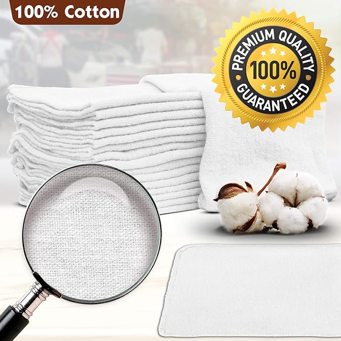 Nabob Wipers Auto Mechanic Shop Towels 100 Pack Bulk Rags 100% Cotton Commercial Grade Shop Rags Size 14"x14" (100 Pack, White)
