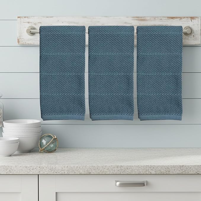 Serafina Home Teal Dark Blue Kitchen Dish Hand Towels 100% Cotton Cloth Soft Cleaning Drying Absorbent Terry: Set of 3 Multipurpose for Everyday Use Oversized 18" x 28"