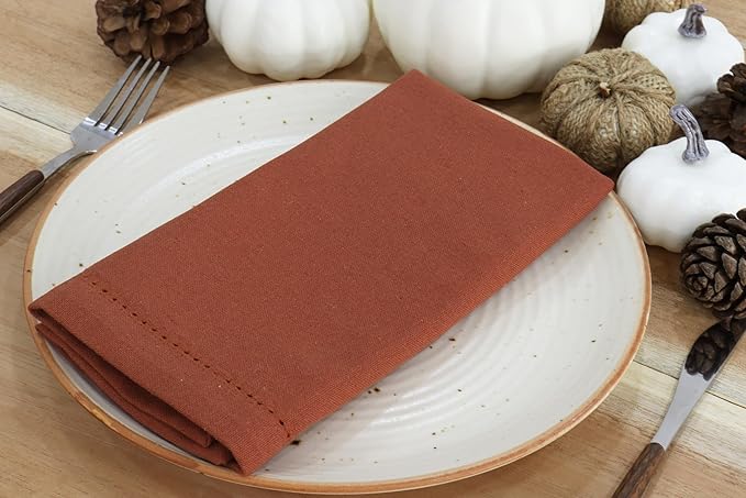 PurpleEssences Rust Set of 12 Hemstitch Cloth Dinner Napkins 100% Cotton - Soft Durable Washable - Ideal for Wedding Spring Easter Summer - Perfect Everyday Use Table Linen 18x18 - Rust