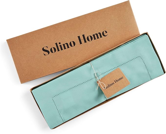 Solino Home Cotton Linen Placemats Set of 4 - Hemstitch Pastel Turquoise Placemats 14 x 19 Inch - Machine Washable Table Mats for Spring, Summer, Mothers Day