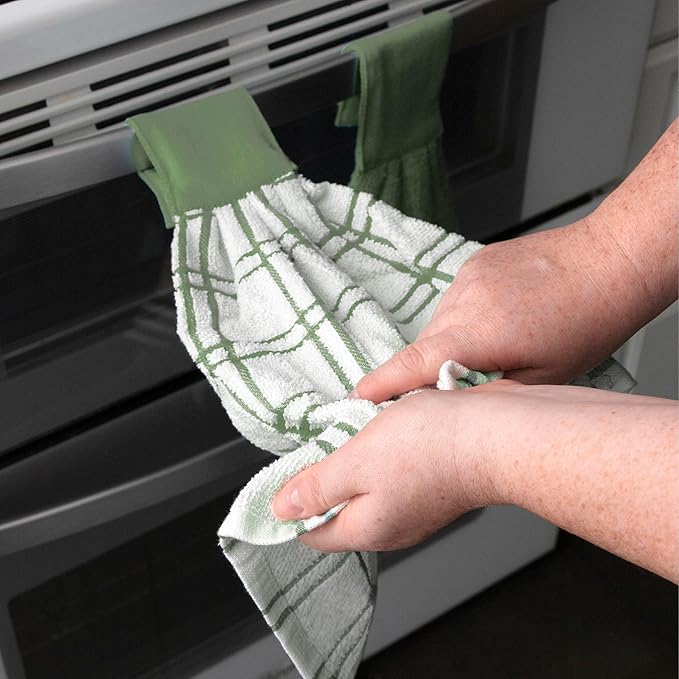 Ritz Premium 100% Cotton Solid and Multi Check Kitchen Tie Towel Absorbent, Super Soft, and Fast Drying Hang Towel, Set of Three, Juniper