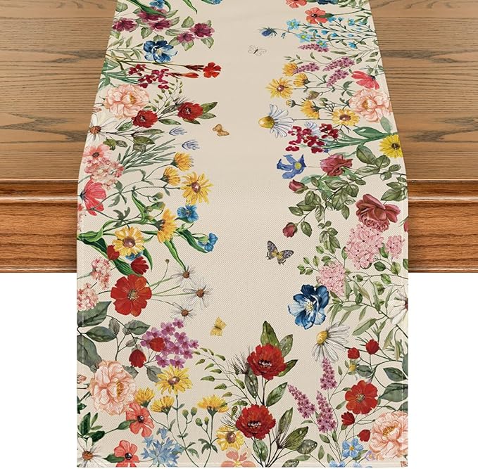Artoid Mode Plants Floral Butterfly Table Runner, Anniversary Wedding Kitchen Dining Table Decoration for Home Party Decor 13x48 Inch