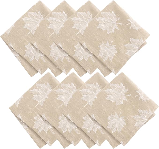 Elrene Home Fashions Falling Leaves Jacquard Cotton Dinner Napkins, Set of 8, 17"x17", Taupe