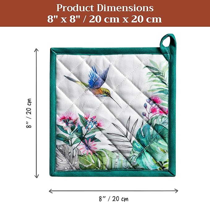 Maison d' Hermine Pot Holders 100% Cotton Heat Resistant Potholders 8" x 8" Hot Pads with Loop BBQ Cooking Baking Gifts for Mothers Day Handling Hot Pans Spring/Summer (Pack of 2, Tropiques)