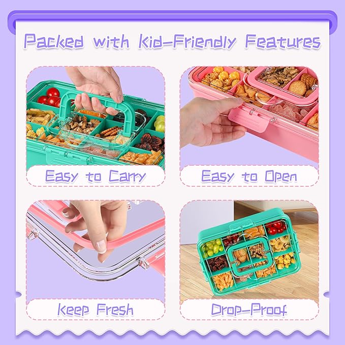 Xyptorix Snack Box Container for Kids - Adjustable 12-Compartment Snack Containers, Reusable Bento Box, Dishwasher Safe, BPA-Free, Perfect for School, Travel, Camping & Picnic, Pink & Green, Large