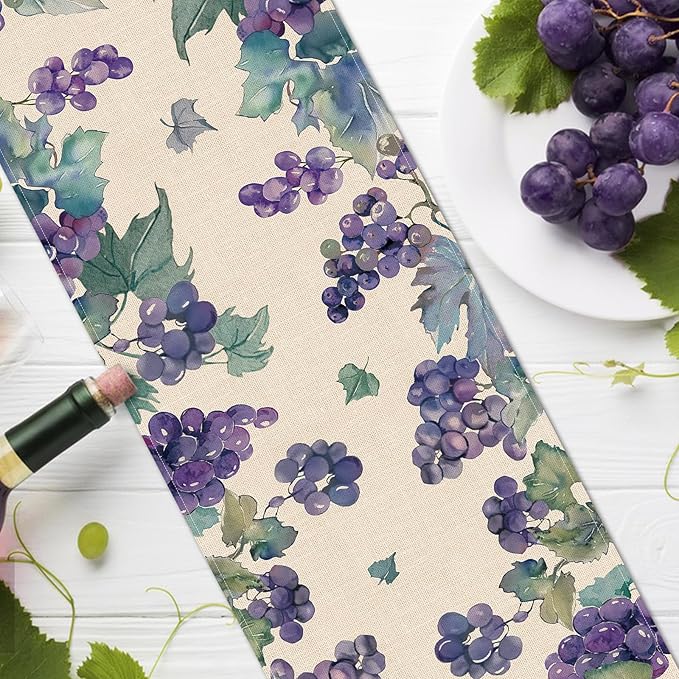 Watercolor Grapes Table Runner, Sweet Fruit Kitchen Dining Table Decoration, Spring Summer Burlap Indoor Outdoor Home Decor Party Supply 13 x 36 Inches