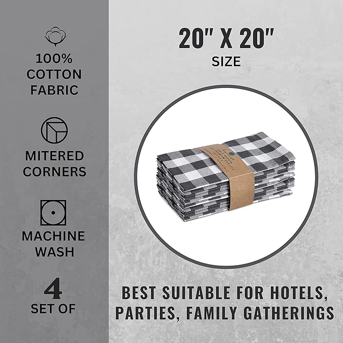 FINGERCRAFT Cloth Napkins, Everyday Use, Premium Quality, Cotton Buffalo Plaid, Set of 12, 20X20 Inch Oversized Napkins Cloth Mitered Corners, Soft, Durable Hotel Quality Charcoal White Checkered