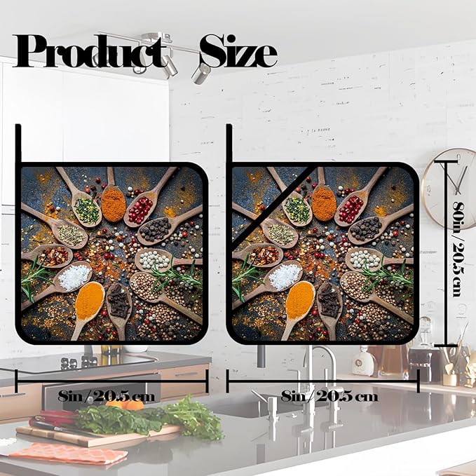 Colorful Spices and Herbs Pot Holders Set of 2,Kitchen Heat Resistant Potholder for Microwave Cooking Baking Oven and BBQ