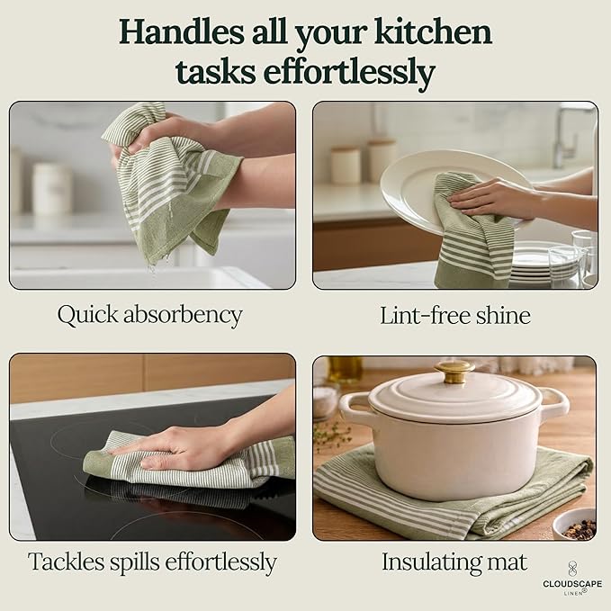 CLOUDSCAPE Kitchen Towels 12 Set 18”x28” Cotton Blended Hand Towels with Hanging Loop - Quick-Drying Dish Towels for Kitchen Set, Highly Absorbent, Dish Cloths Set for Washing Dishes - Sage Green