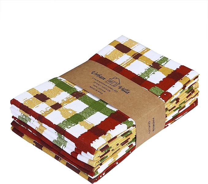 Urban Villa Kitchen Towels 100% Cotton Dish Towels for Kitchen (Set of 6) 20”x30” Dish Cloths Highly Absorbent Kitchen Linen Set with Hanging Loop Perfect for Drying Dishes Cleaning – Fall Checks
