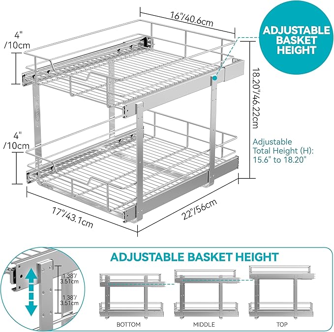 2 Tier Pull Out Cabinet Organizer 18" W X 22" D, Slide Out Drawers For Kitchen Cabinets, Pull Out Drawers For Cabinets Capacity Heavy Duty Caddy, Cabinet Pullout Shelves Chrome-Plated,Bathroom Pantry