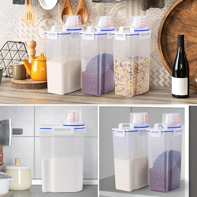 4 Pcs Set Rice Storage Container 5.5lb, Rice Dispenser with Measuring Cup & Pour Spout for Flour Pasta Grain Pet Dog Cat Bird Food Storage Container
