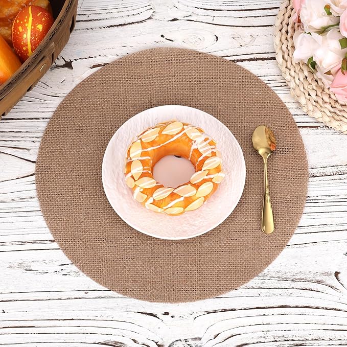 12 Pcs Natural Burlap Placemats, 11.8in Round Reusable Jute Table Mats Boho Natural Linen Table Mats Brown Circle Placemats for Wedding Party Farmhouse Decor Rustic Dinner Setting