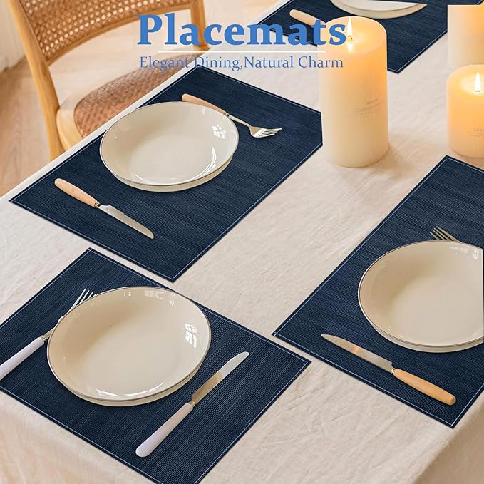 Bloss Blue Placemats Set of 4-12x18 Inch Table Mats Washable Heat-Resistant Place Mats for Dining Table, Easy to Clean Seasonal Place Mats for Holiday Party Kitchen Dining Table Decoration