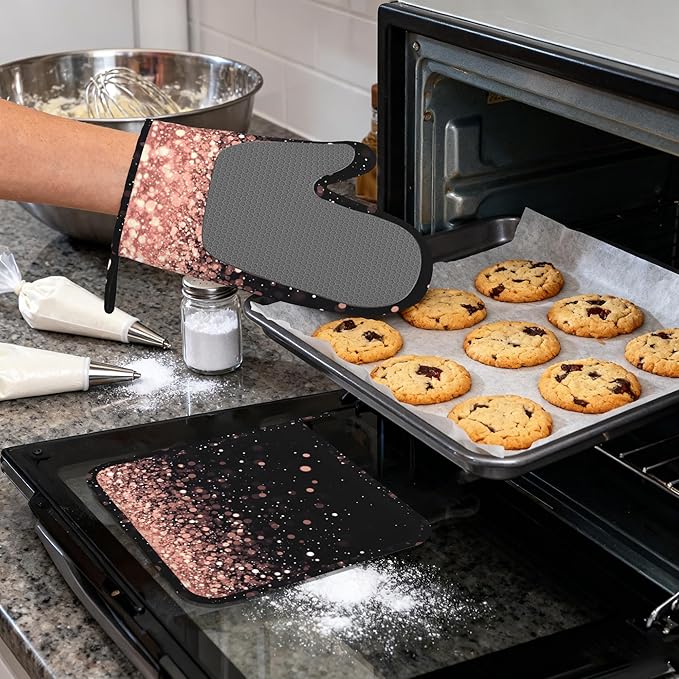 Rose Gold Glitter Silicone Oven Mitts and Pot Holders,Heat-Resistant 4 Piece Kitchen Set Non-Slip Oven Gloves and Hot Pads for Cooking, Baking, Grilling,BBQ