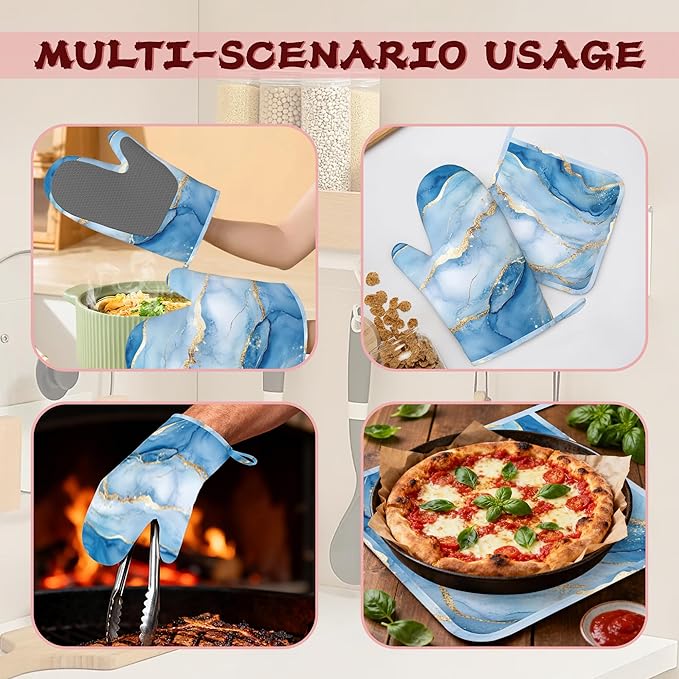 Blue Gold Marble Heat-Resistant Silicone Oven Mitts and Pot Holder 4 Piece Set,Non-Slip Kitchen Oven Gloves for Baking, BBQ, Cooking,Grilling